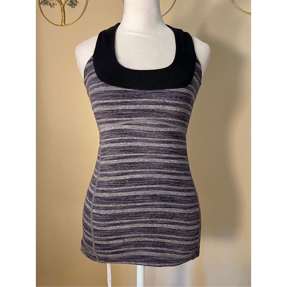 Lululemon Black Gray Purple Stripe Scoop Neck Tank Top Size 4